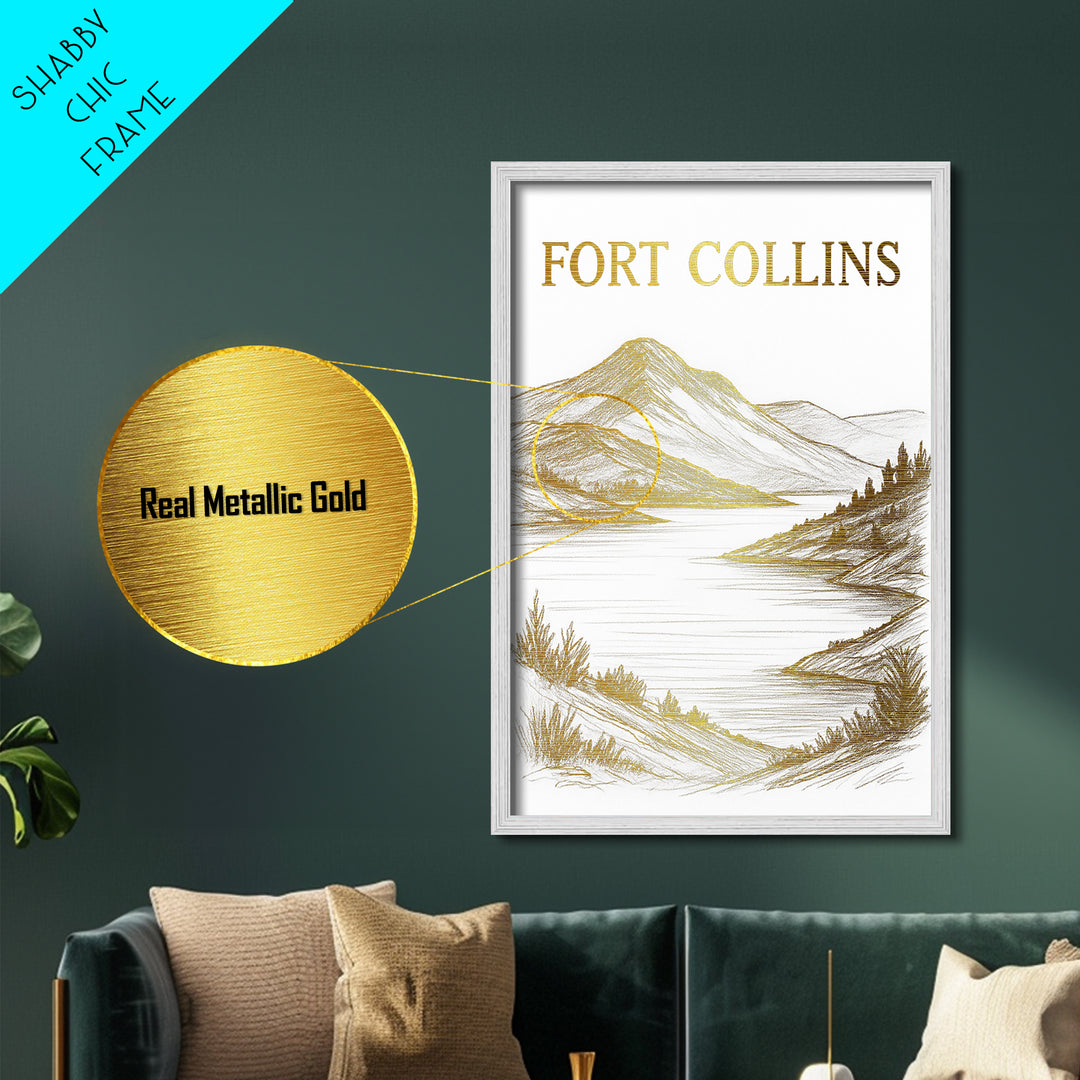 Fort Collins Colorado travel, Metallic Gold Print, Modern House Art, Metal Art, Wood Framed Art, Traveler Gift, Destination Gift
