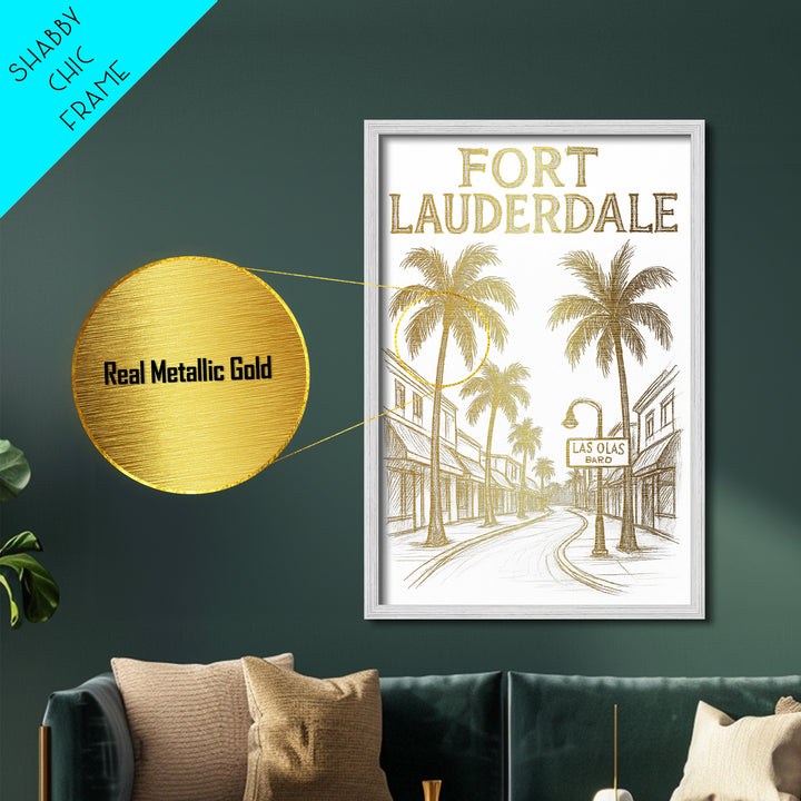 Fort Lauderdale Florida travel, Metallic Gold Print, College Dorm Décor, Metal Art, Wood Framed Art, Graduation Travel Gift