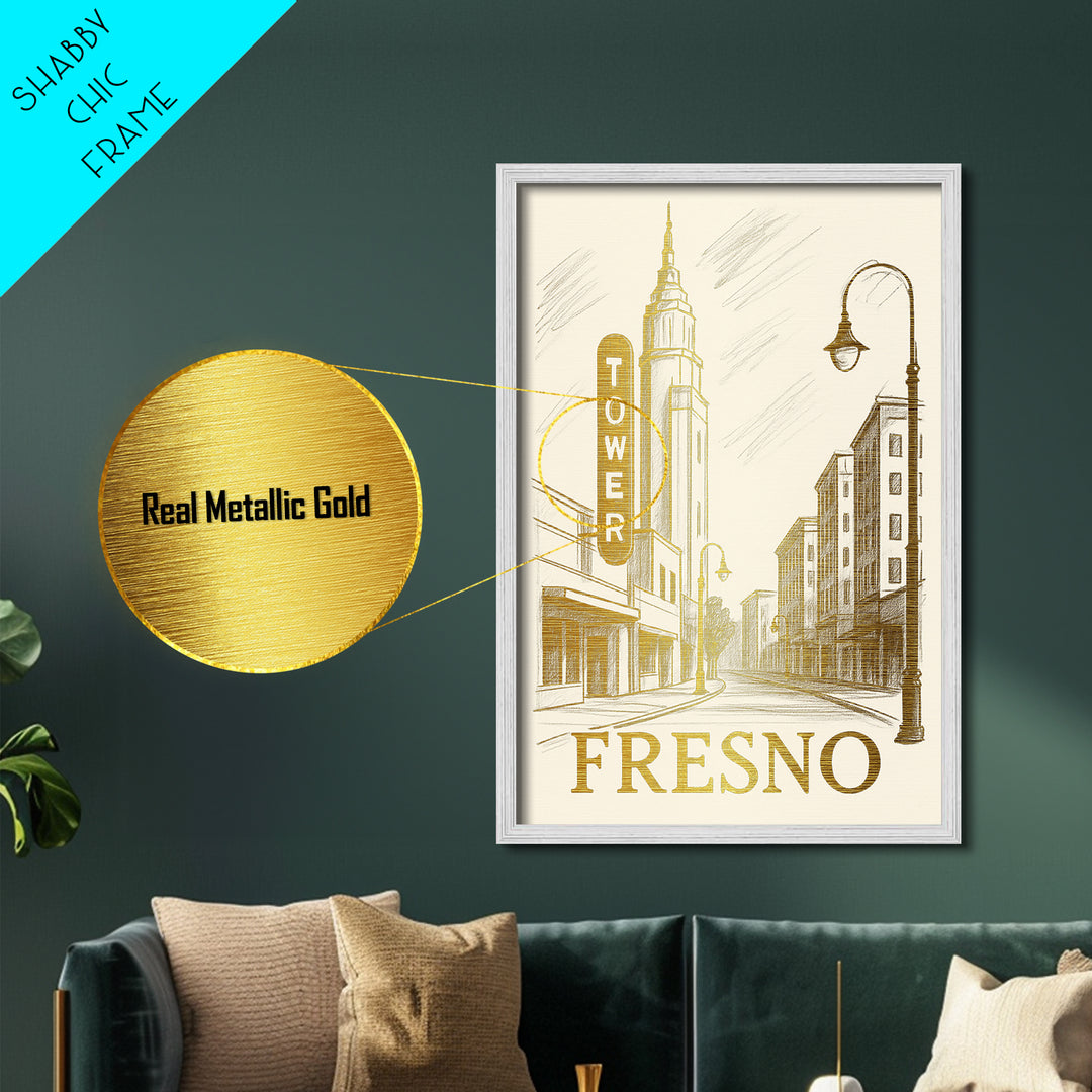 Fresno California art, Metallic Gold Art, Modern House Art, Metal Art, Wood Framed Art, Graduation Travel Gift