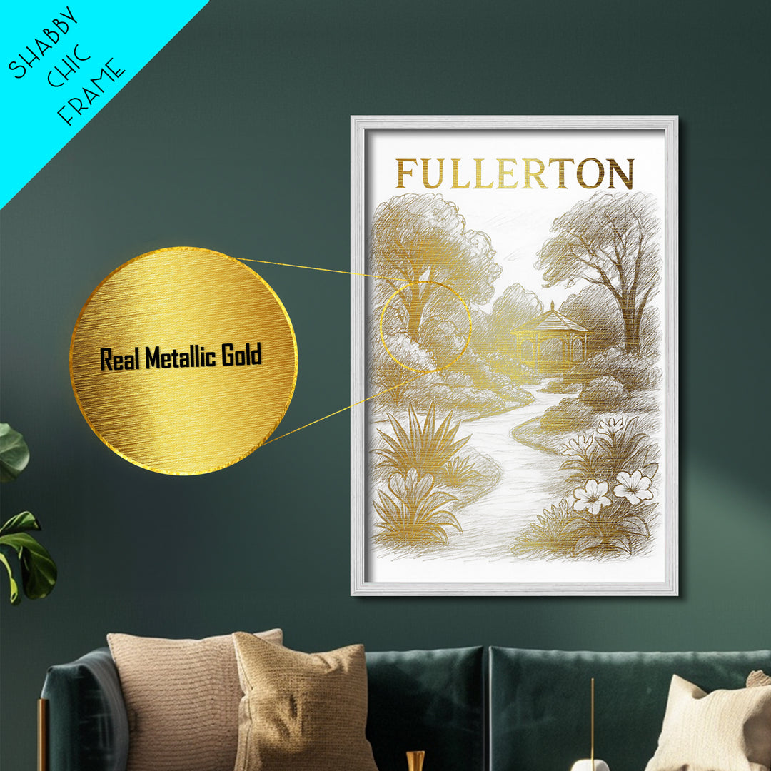 Fullerton California travel, Metallic Gold Print, Modern Skyline Wall Print, Metal Art, Wood Framed Art, Adventure Lover Gift