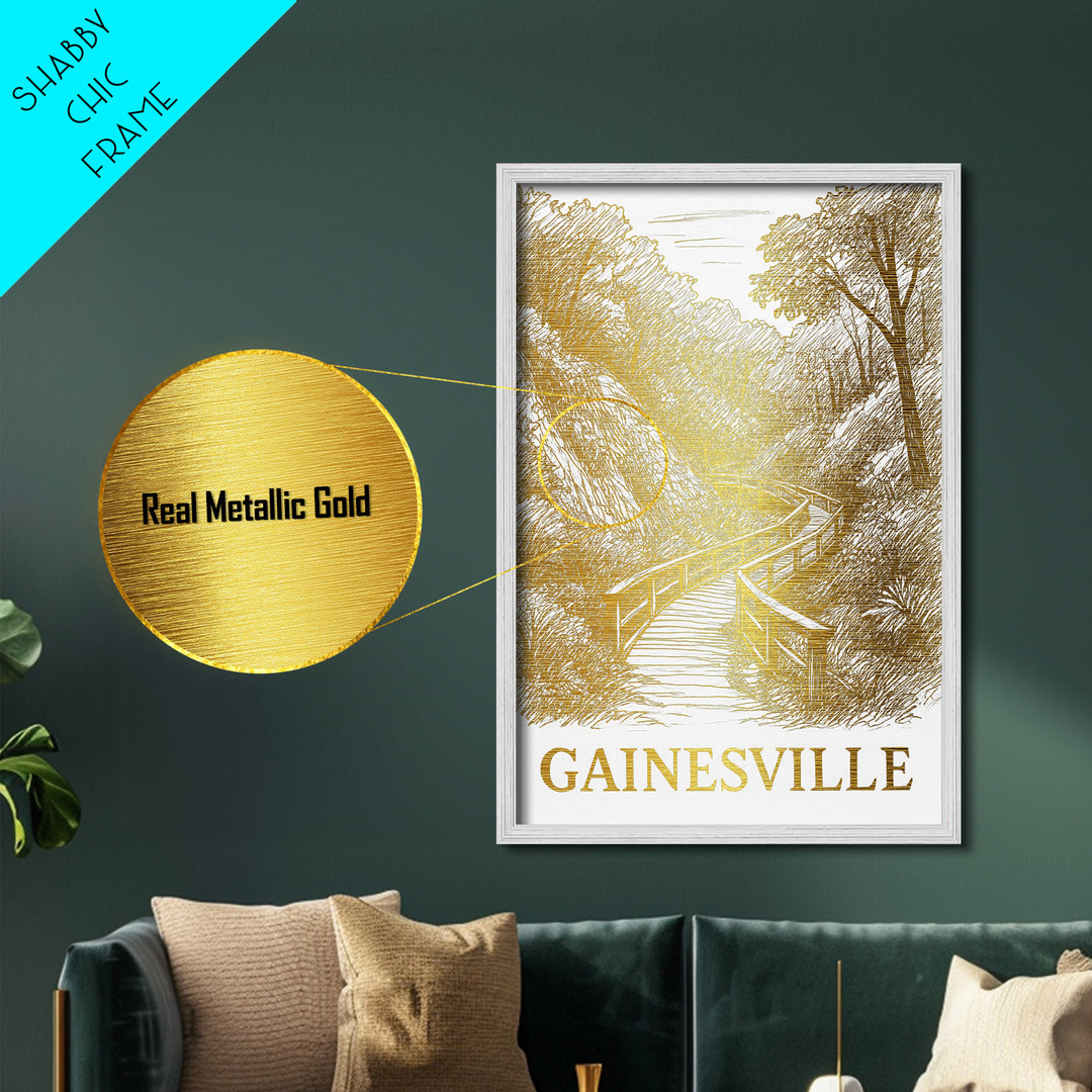 Gainesville Florida art, Metallic Gold Art, Office Decor, Metal Art, Wood Framed Art, Graduation Travel Gift