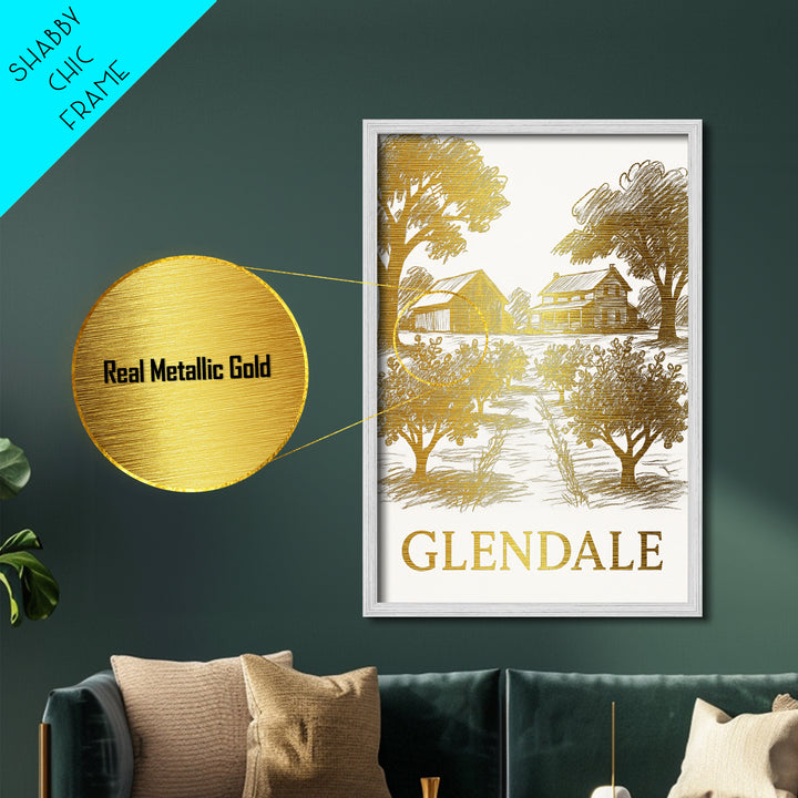 Glendale California art, Metallic Gold Art, Office Decor, Metal Art, Wood Framed Art, Graduation Travel Gift