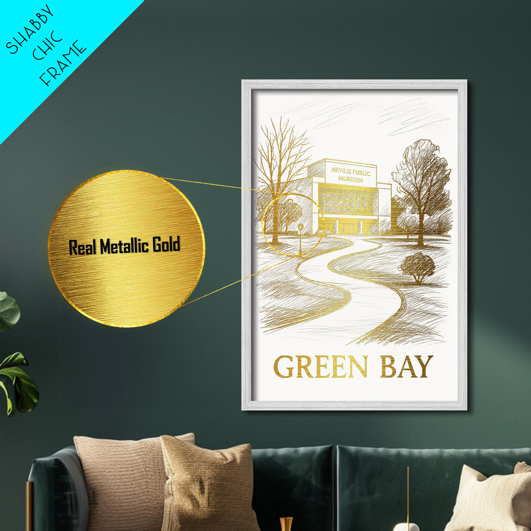 Green Bay Wisconsin art, Metallic Gold Art, Modern House Art, Metal Art, Wood Framed Art, Graduation Travel Gift
