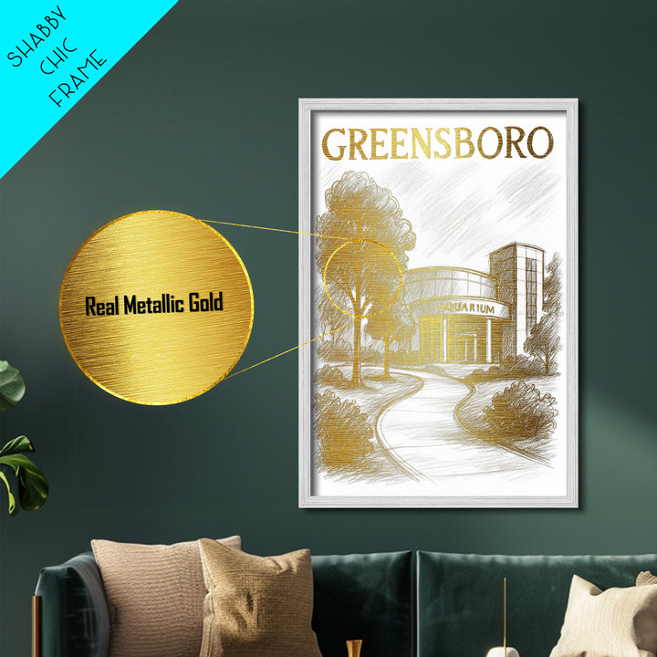 Greensboro North Carolina travel, Metallic Gold Print, College Dorm Décor, Metal Art, Wood Framed Art, Graduation Travel Gift