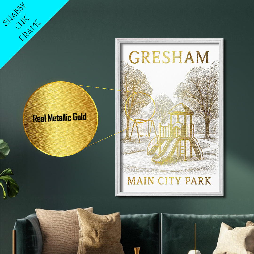Gresham Oregon travel, Metallic Gold Print, Modern Skyline Wall Print, Metal Art, Wood Framed Art, Adventure Lover Gift, Travel Gift