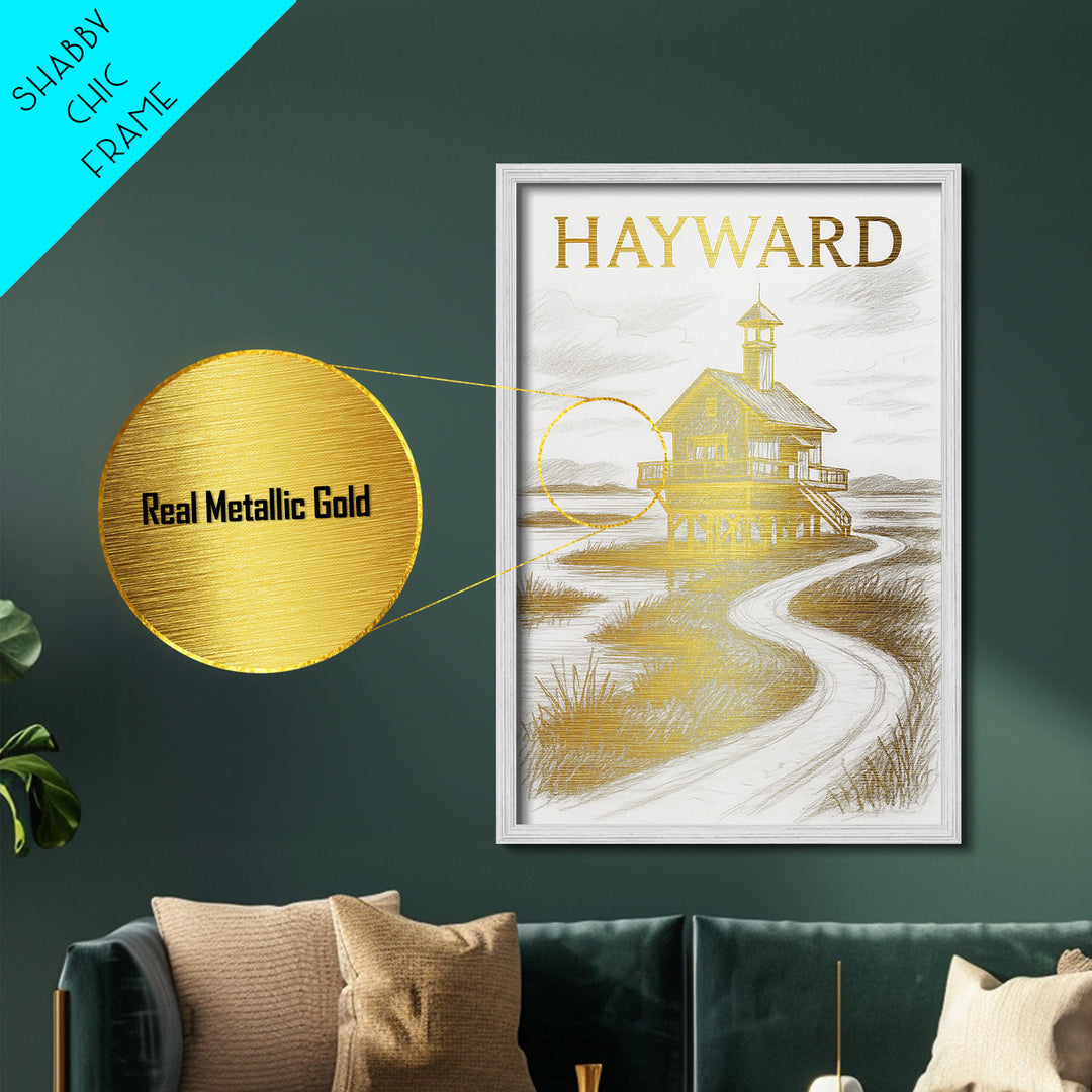 Hayward California travel, Metallic Gold Print, Modern House Art, Metal Art, Wood Framed Art, Traveler Gift, Destination Gift