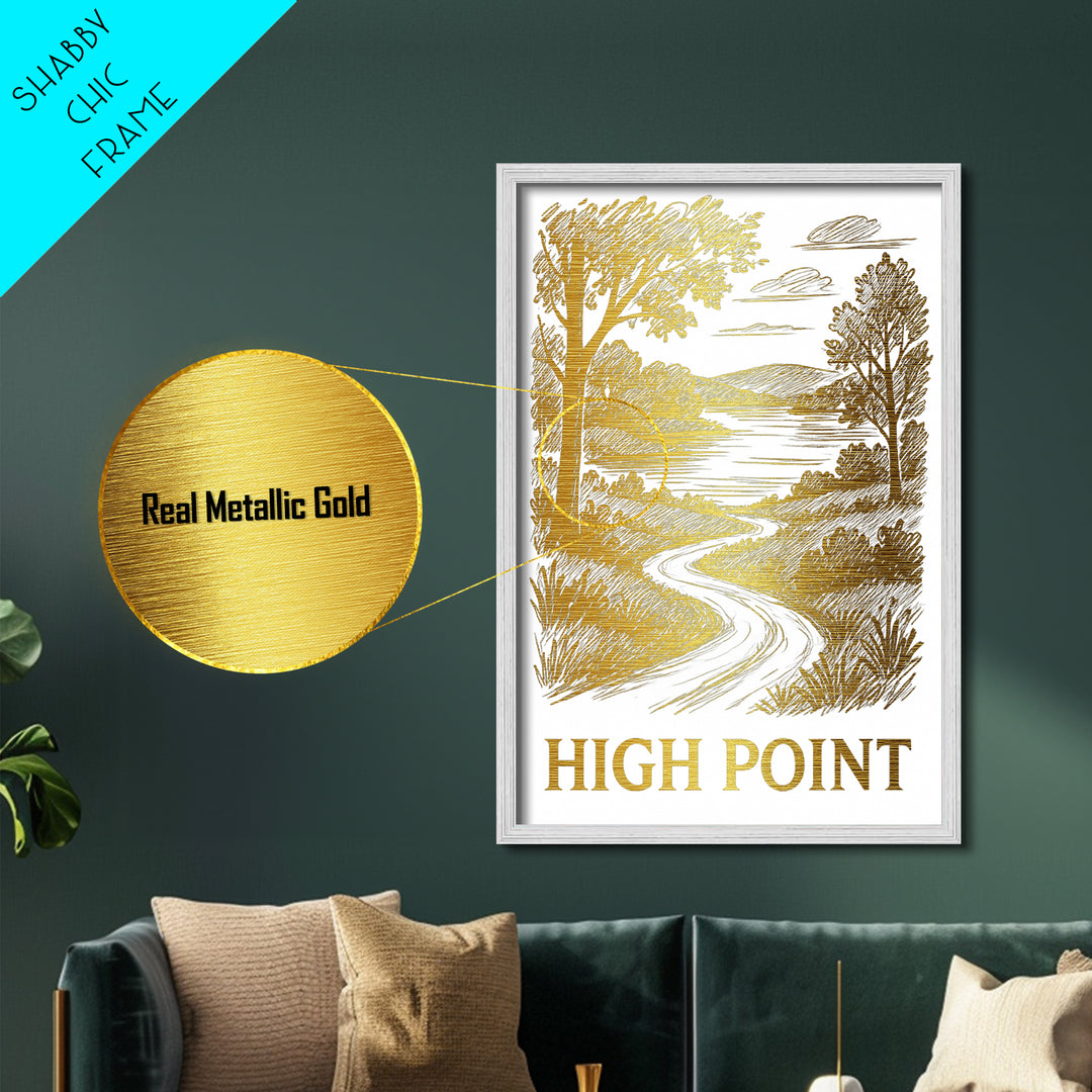 High Point North Carolina art, Metallic Gold Art, Travel Art Prints, Metal Art, Wood Framed Art, Adventure Lover Gift, Traveler Gift