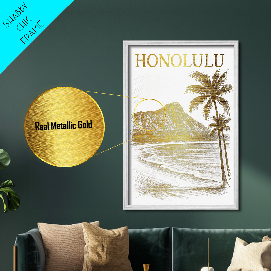 Honolulu Hawaii travel, Metallic Gold Print, Modern Skyline Wall Print, Metal Art, Wood Framed Art, Adventure Lover Gift, Travel Gift