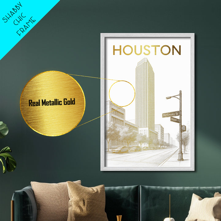 Houston Texas art, Metallic Gold Art, Office Decor, Metal Art, Wood Framed Art, Graduation Travel Gift, Destination Gift