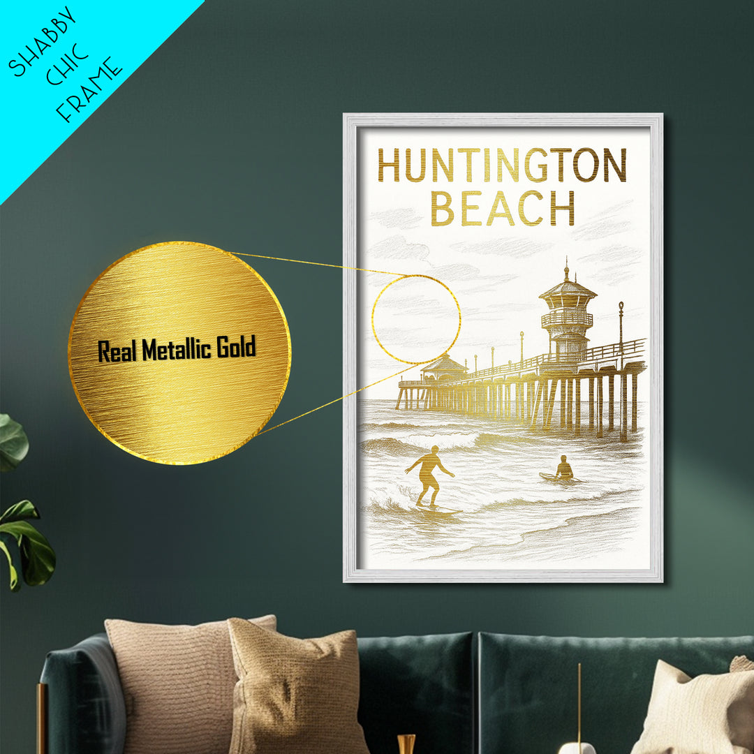 Huntington Beach California travel, Metallic Gold Print, Modern House Art, Metal Art, Wood Framed Art, Wanderlust Gift, Travel Art Prints