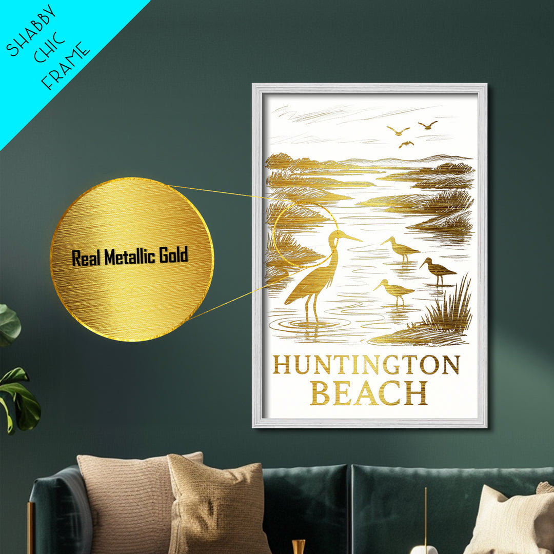 Huntington Beach California art, Metallic Gold Art, Travel Art Prints, Metal Art, Wood Framed Art, Adventure Lover Gift, Traveler Gift