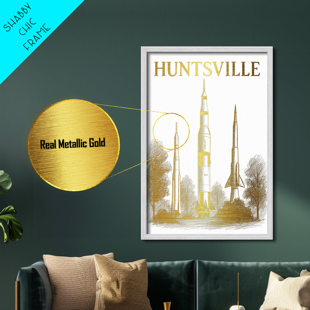 Huntsville Alabama travel, Metallic Gold Print, Modern House Art, Metal Art, Wood Framed Art, Traveler Gift, Destination Gift