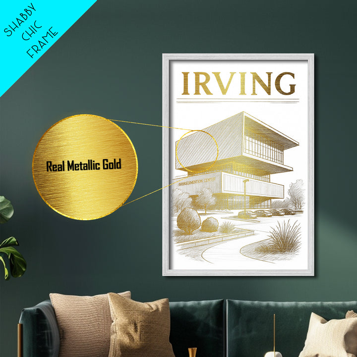 Irving Texas travel, Metallic Gold Print, Modern Skyline Wall Print, Metal Art, Wood Framed Art, Adventure Lover Gift, Travel Gift