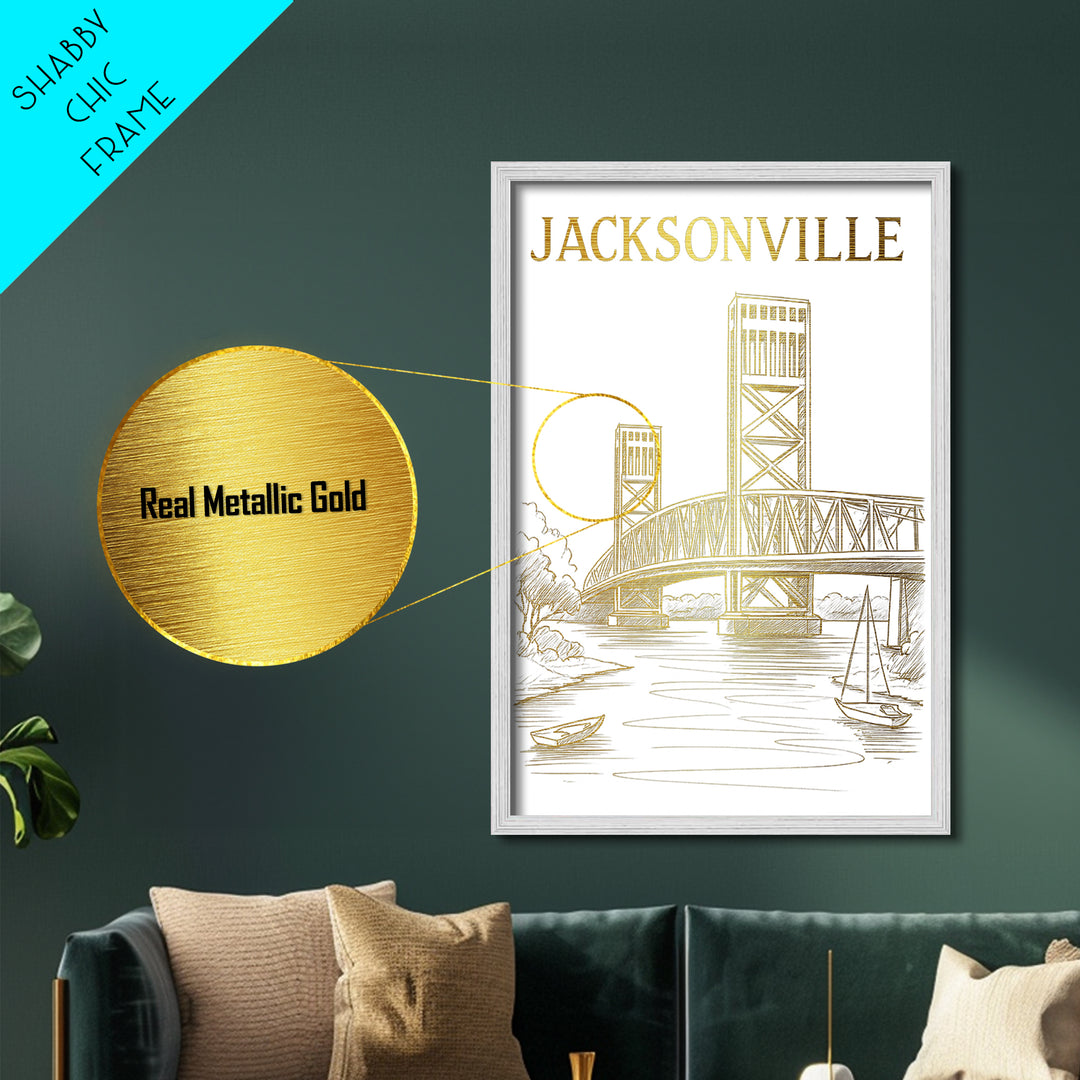 Jacksonville Florida travel, Metallic Gold Print, Modern House Art, Metal Art, Wood Framed Art, Wanderlust Gift, Travel Art Prints