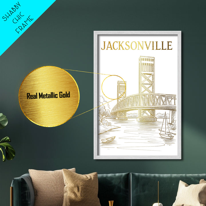 Jacksonville Florida travel, Metallic Gold Print, Modern House Art, Metal Art, Wood Framed Art, Wanderlust Gift, Travel Art Prints