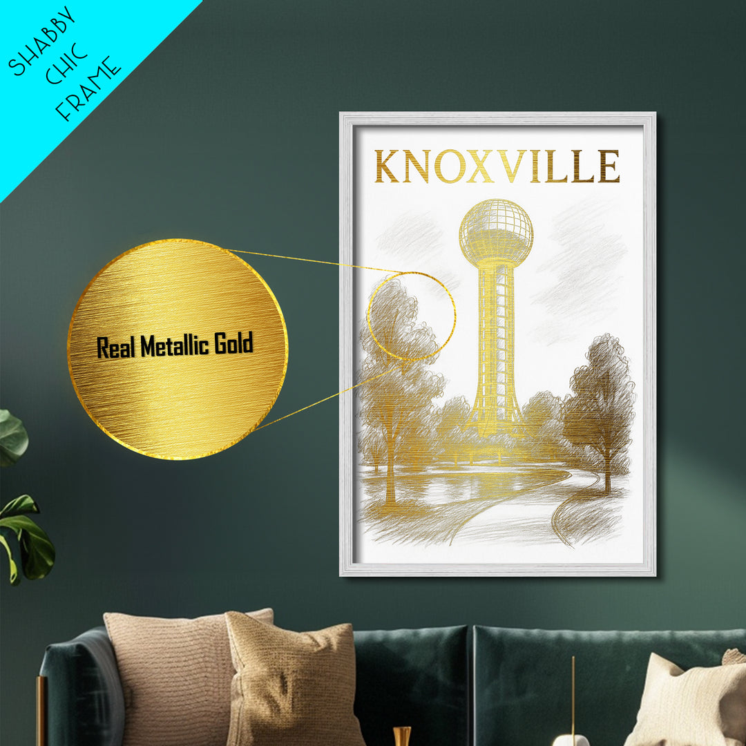 Knoxville Tennessee travel, Metallic Gold Print, Modern Skyline Wall Print, Metal Art, Wood Framed Art, Adventure Lover Gift, Travel Gift