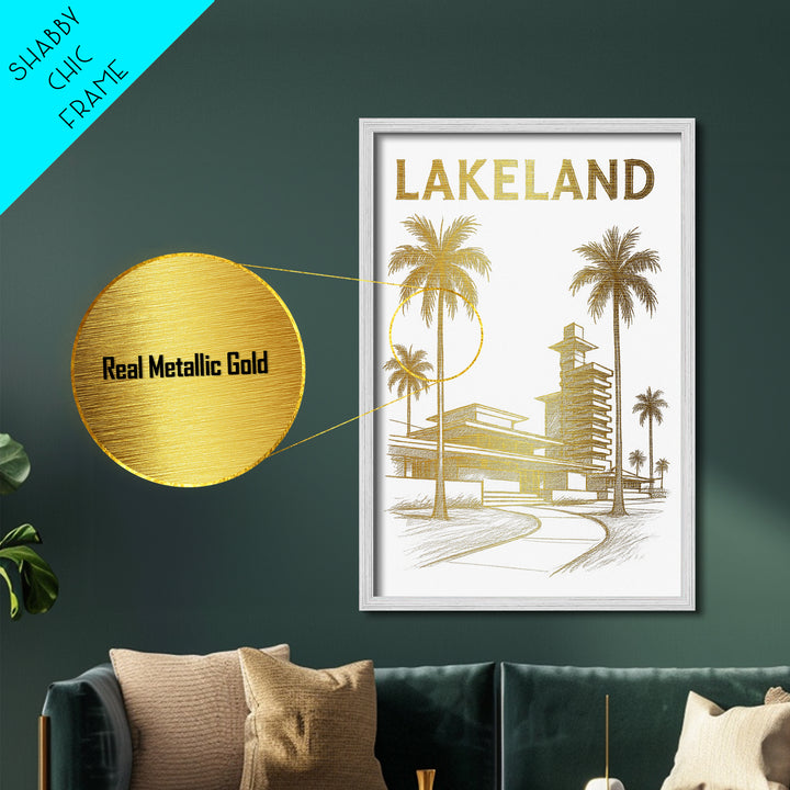 Lakeland Florida travel, Metallic Gold Print, Modern House Art, Metal Art, Wood Framed Art, Wanderlust Gift, Travel Art Prints