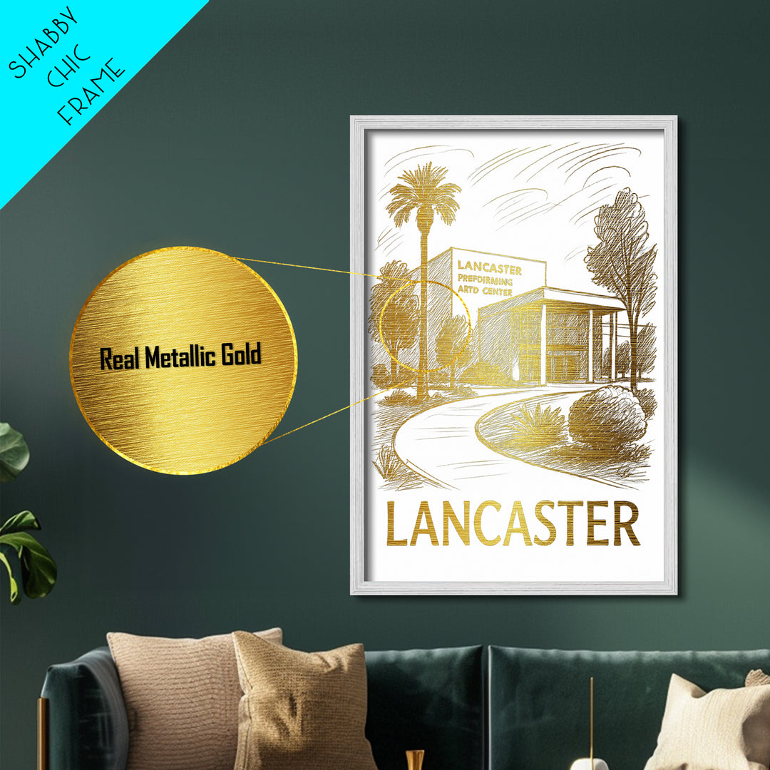 Lancaster California art, Metallic Gold Art, Housewarming Gift, Metal Art, Wood Framed Art, Newlywed Travel Gift, Honeymoon Gift