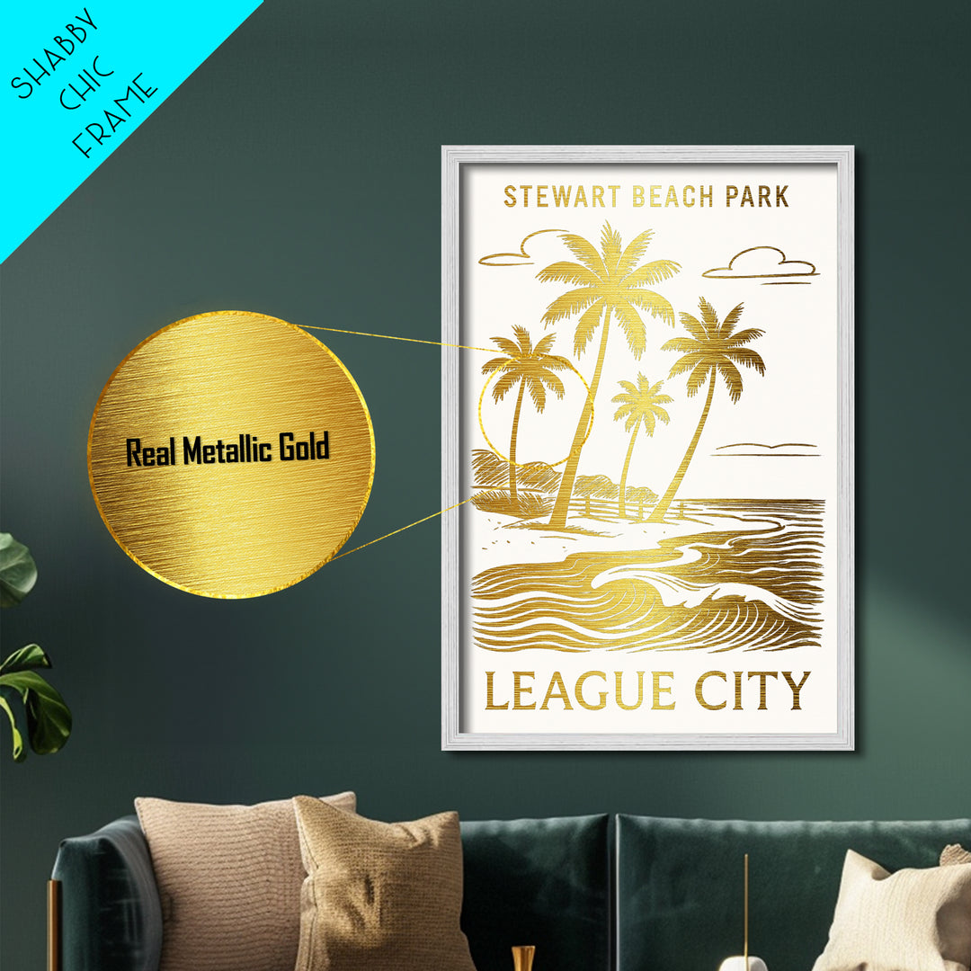 League City Texas art, Metallic Gold Art, Office Decor, Metal Art, Wood Framed Art, Graduation Travel Gift, Destination Gift