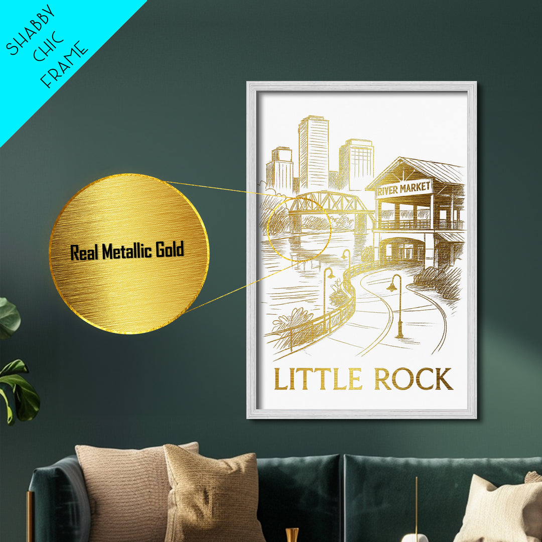 Little Rock Arkansas art, Metallic Gold Art, Office Decor, Metal Art, Wood Framed Art, Graduation Travel Gift, Destination Gift