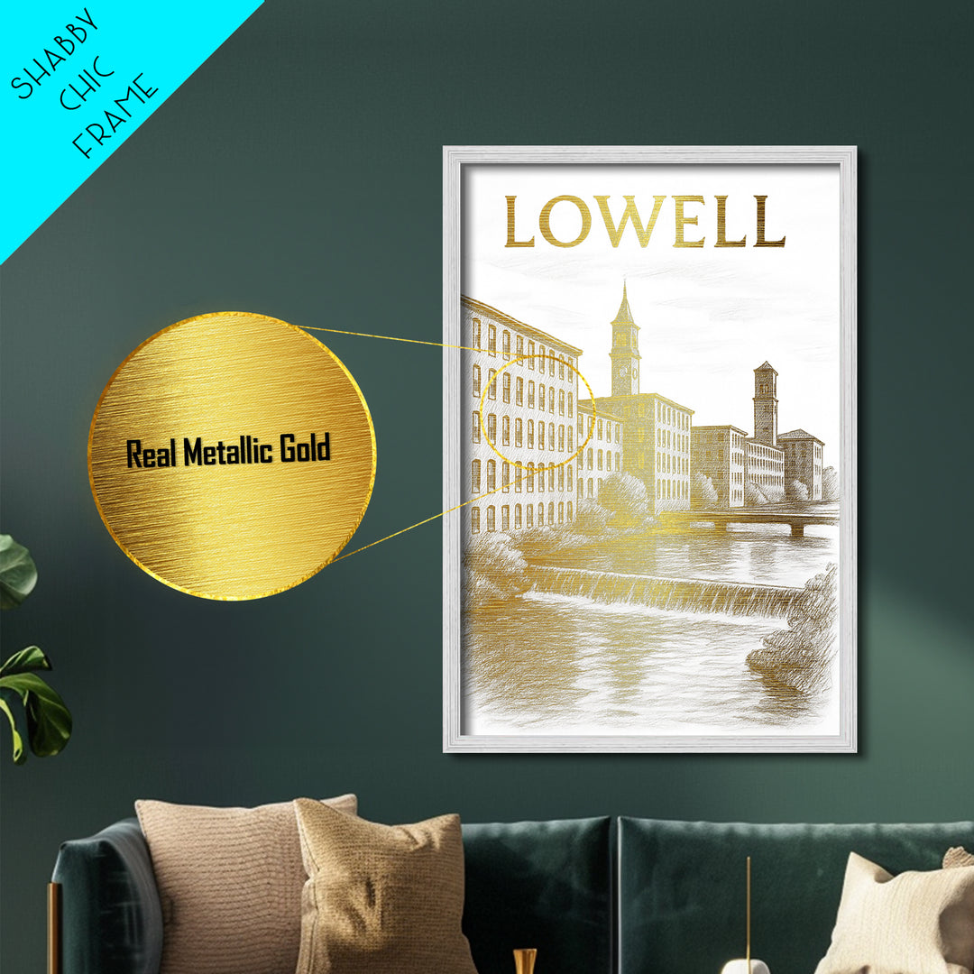 Lowell Massachusetts travel, Metallic Gold Print, Modern House Art, Metal Art, Wood Framed Art, Traveler Gift