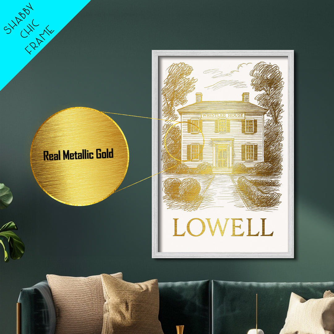 Lowell Massachusetts art, Metallic Gold Art, Modern House Art, Metal Art, Wood Framed Art, Graduation Travel Gift