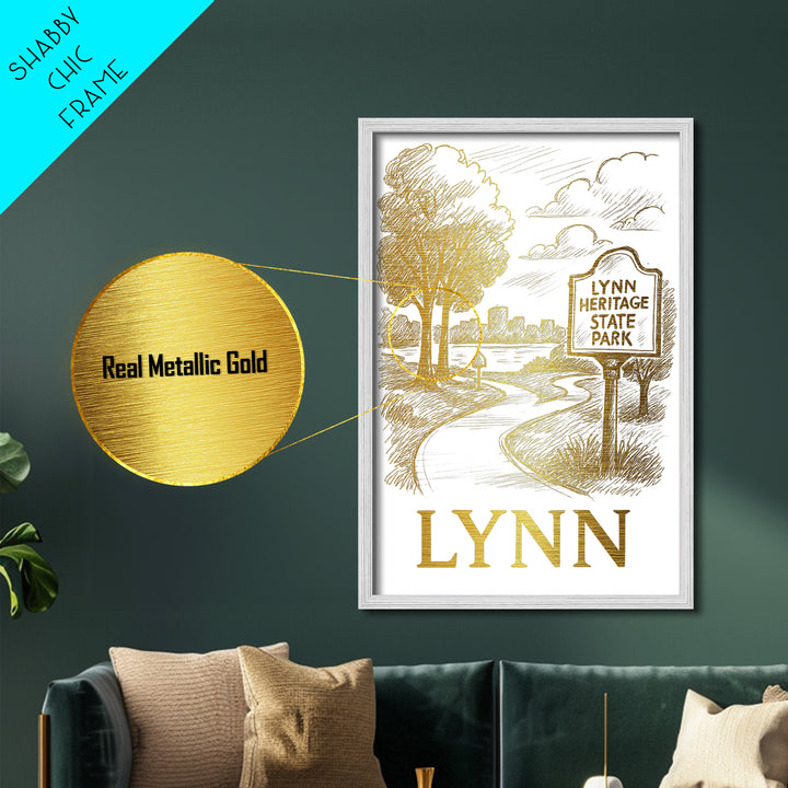 Lynn Massachusetts art, Metallic Gold Art, Modern Skyline Wall Print, Metal Art, Wood Framed Art, Adventure Lover Gift