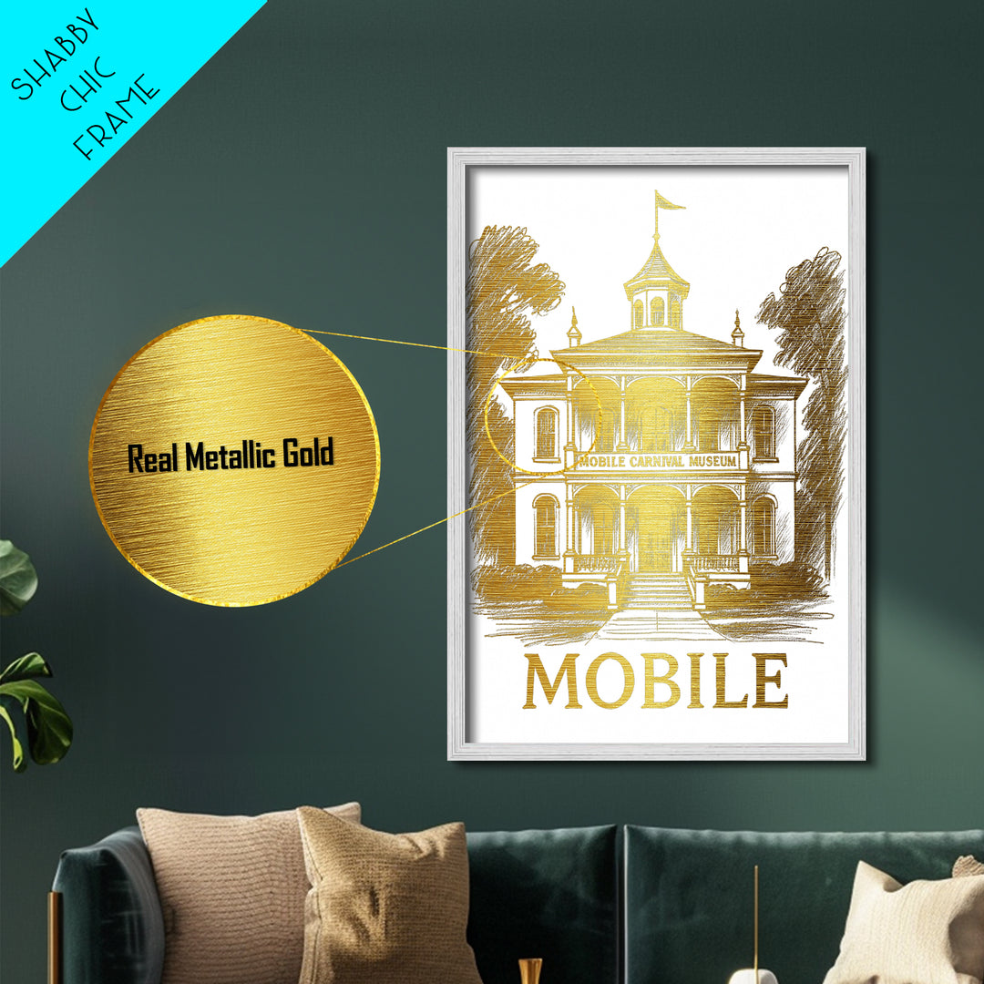 Mobile Alabama travel, Metallic Gold Print, Modern House Art, Metal Art, Wood Framed Art, Wanderlust Gift