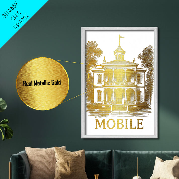 Mobile Alabama travel, Metallic Gold Print, Modern House Art, Metal Art, Wood Framed Art, Wanderlust Gift