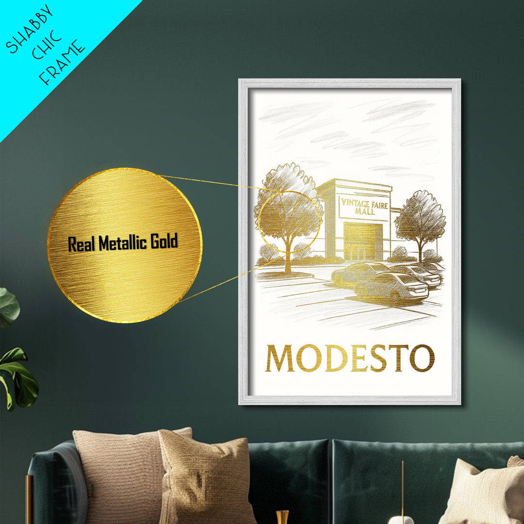 Modesto California travel, Metallic Gold Print, Modern House Art, Metal Art, Wood Framed Art, Traveler Gift