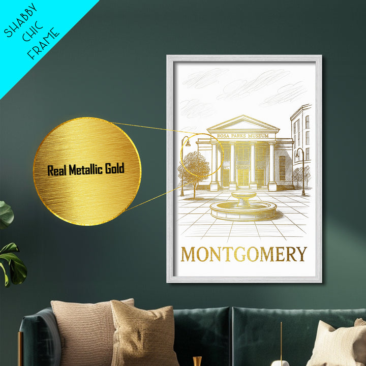 Montgomery Alabama travel, Metallic Gold Print, College Dorm Décor, Metal Art, Wood Framed Art, Graduation Travel Gift