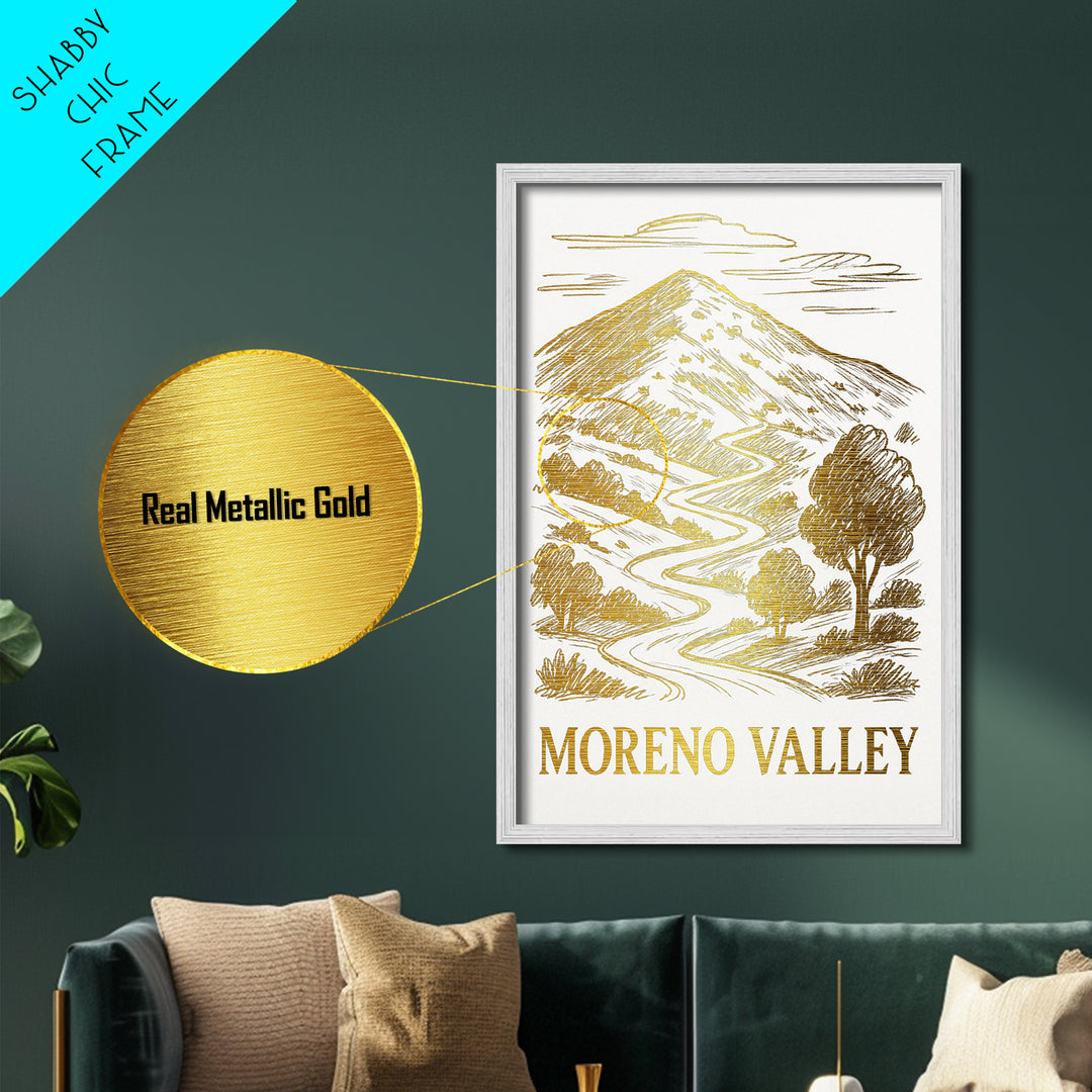 Moreno Valley California travel, Metallic Gold Print, Modern Skyline Wall Print, Metal Art, Wood Framed Art, Adventure Lover Gift