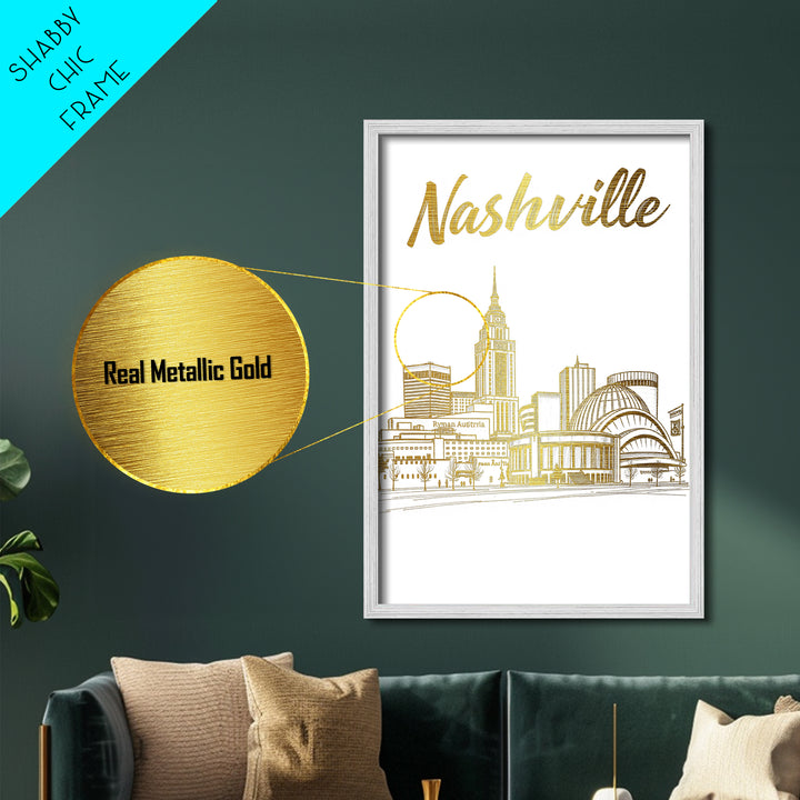 Nashville Tennessee travel, Metallic Gold Print, Modern Skyline Wall Print, Metal Art, Wood Framed Art, Adventure Lover Gift, Travel Gift