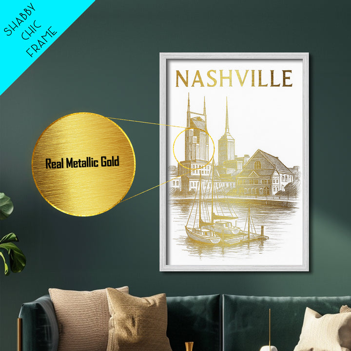 Nashville Tennessee travel, Metallic Gold Print, Closing Gift, Metal Art, Wood Framed Art, Anniversary Travel Gift, Retirement Travel Gift