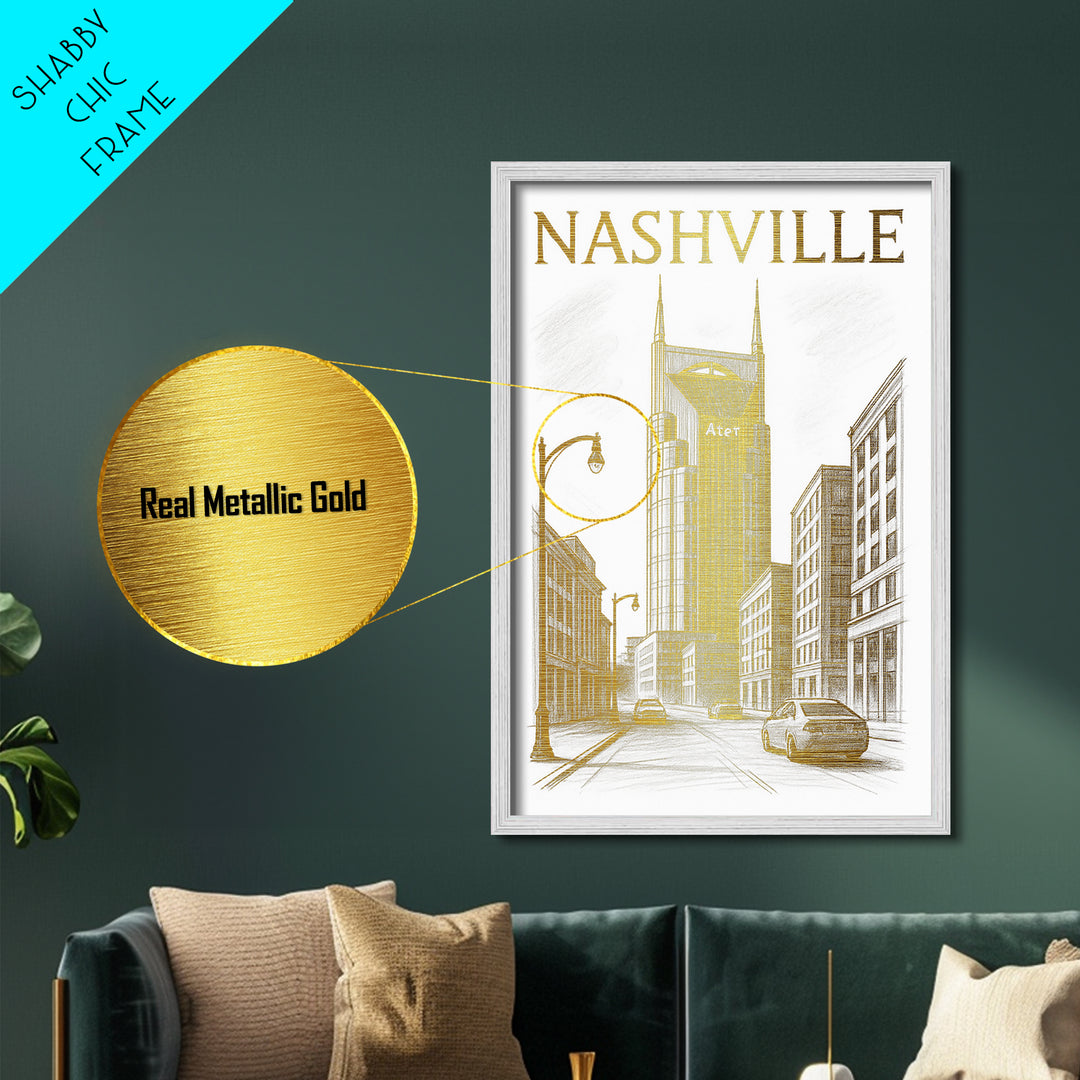 Nashville Tennessee art, Metallic Gold Art, Office Decor, Metal Art, Wood Framed Art, Graduation Travel Gift, Destination Gift
