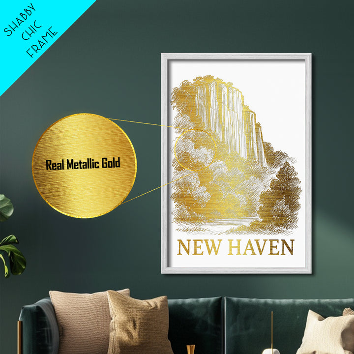 New Haven Connecticut art, Metallic Gold Art, Housewarming Gift, Metal Art, Wood Framed Art, Newlywed Travel Gift, Honeymoon Gift