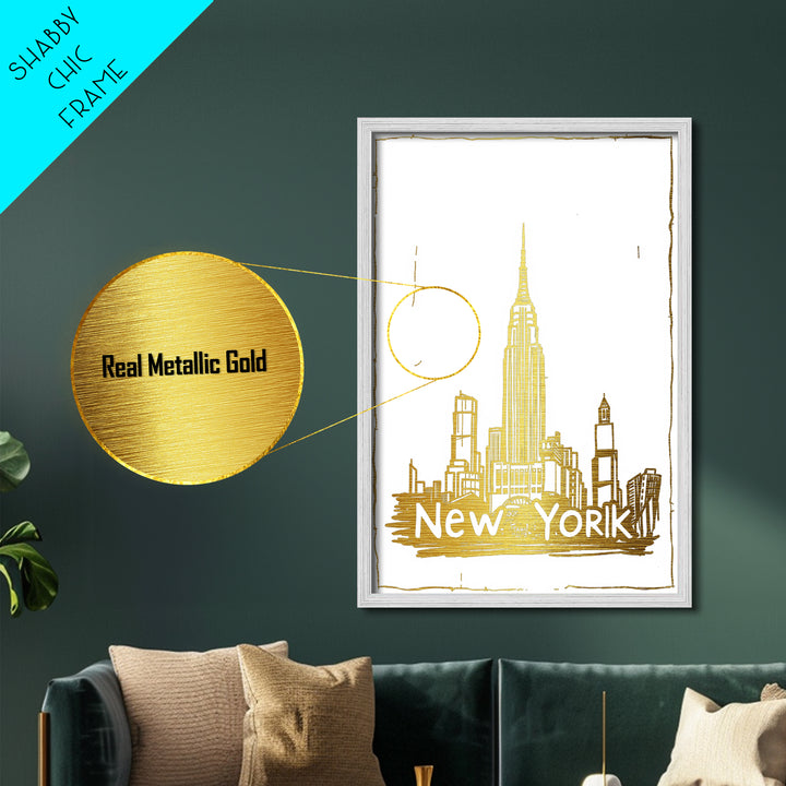 New York New York travel, Metallic Gold Print, Modern Skyline Wall Print, Metal Art, Wood Framed Art, Adventure Lover Gift, Travel Gift