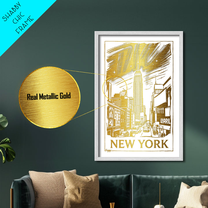 New York New York art, Metallic Gold Art, Housewarming Gift, Metal Art, Wood Framed Art, Newlywed Travel Gift, Honeymoon Gift