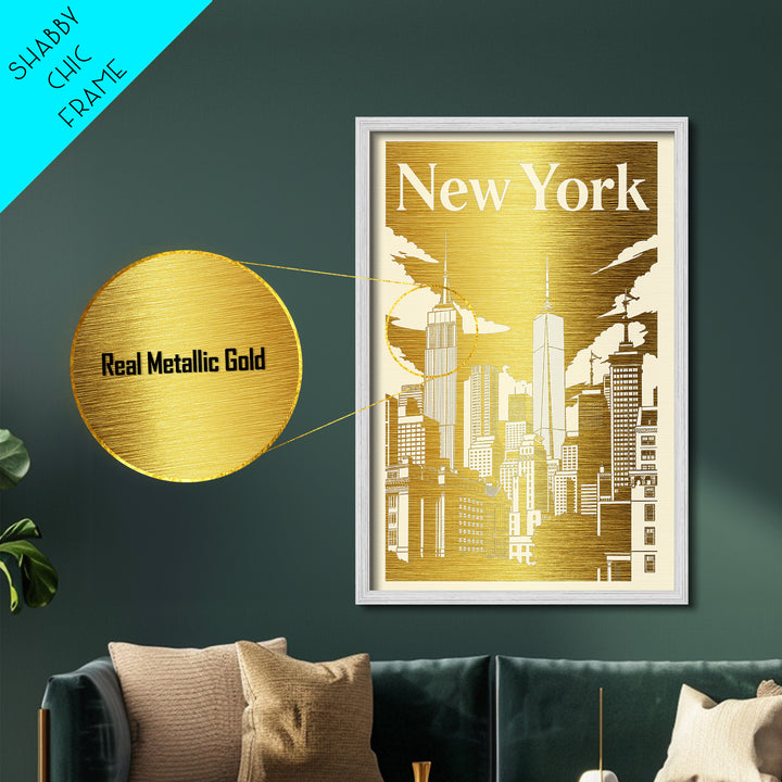 New York New York art, Metallic Gold Art, Office Decor, Metal Art, Wood Framed Art, Graduation Travel Gift, Destination Gift