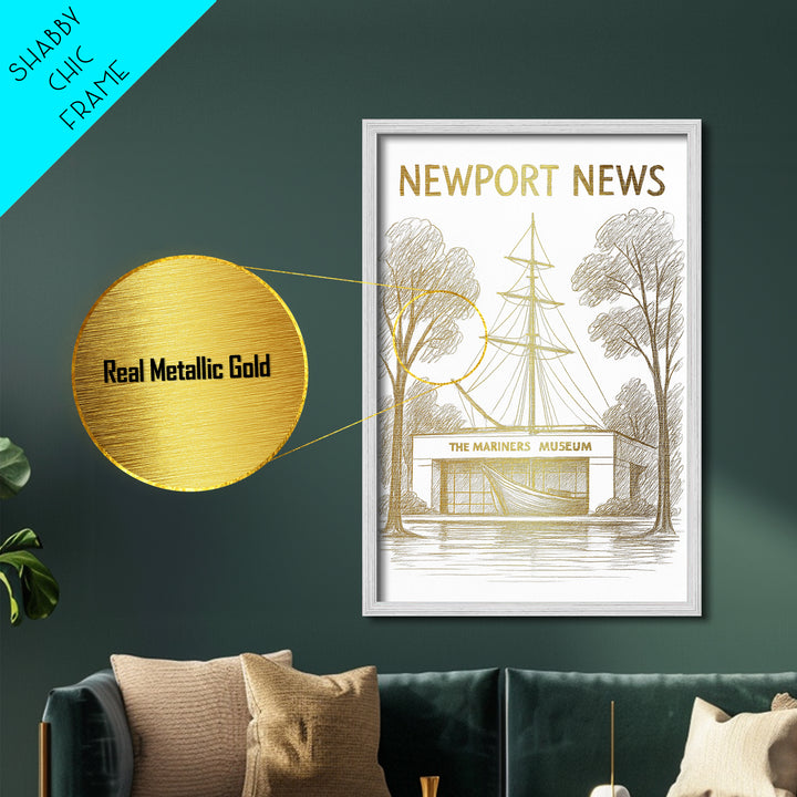 Newport News Virginia travel, Metallic Gold Print, Modern House Art, Metal Art, Wood Framed Art, Wanderlust Gift, Travel Art Prints