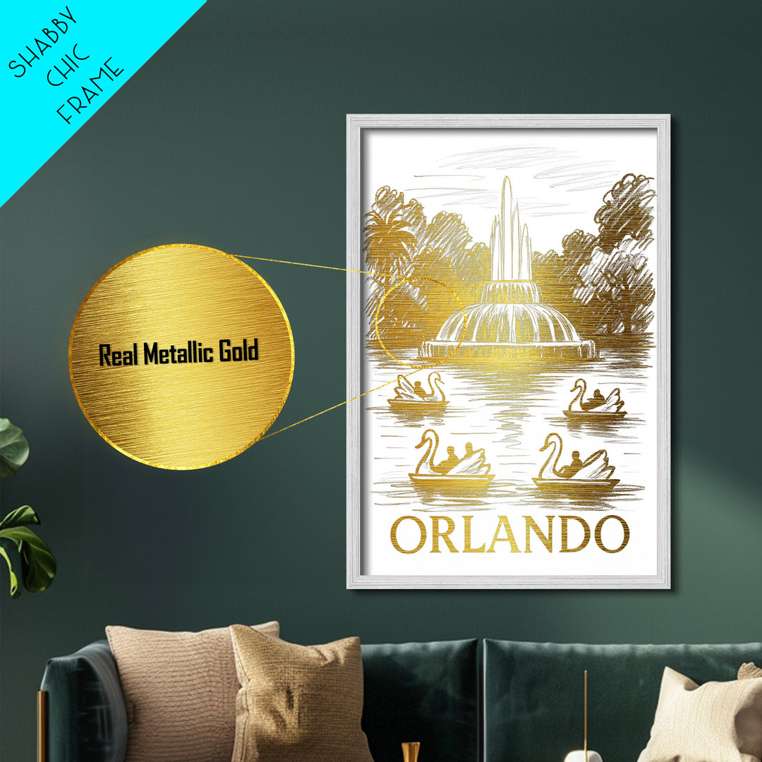 Orlando Florida art, Metallic Gold Art, Office Decor, Metal Art, Wood Framed Art, Graduation Travel Gift, Destination Gift