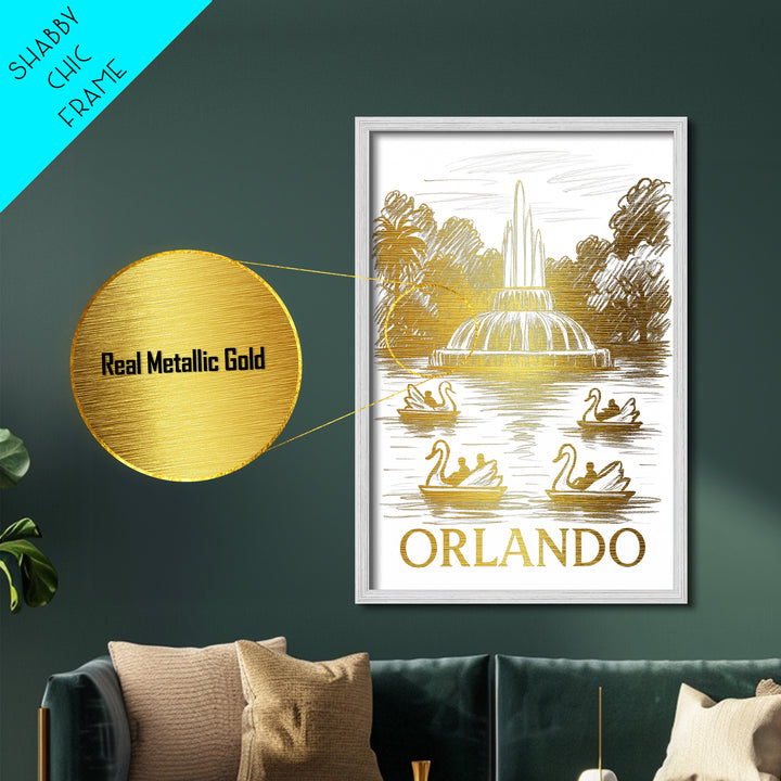 Orlando Florida art, Metallic Gold Art, Office Decor, Metal Art, Wood Framed Art, Graduation Travel Gift, Destination Gift