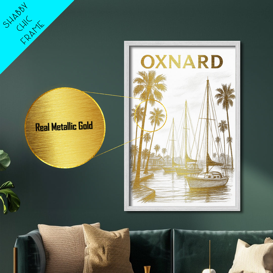 Oxnard California travel, Metallic Gold Print, Modern House Art, Metal Art, Wood Framed Art, Traveler Gift, Destination Gift