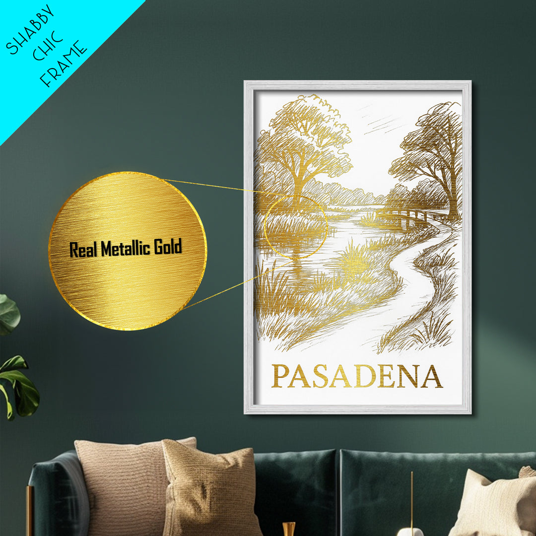 Pasadena Texas travel, Metallic Gold Print, Modern House Art, Metal Art, Wood Framed Art, Wanderlust Gift, Travel Art Prints