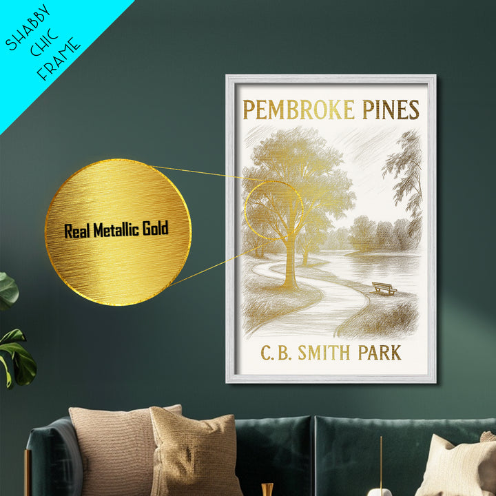 Pembroke Pines Florida travel, Metallic Gold Print, Modern Skyline Wall Print, Metal Art, Wood Framed Art, Adventure Lover Gift