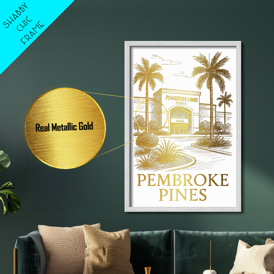 Pembroke Pines Florida art, Metallic Gold Art, Housewarming Gift, Metal Art, Wood Framed Art, Newlywed Travel Gift, Honeymoon Gift