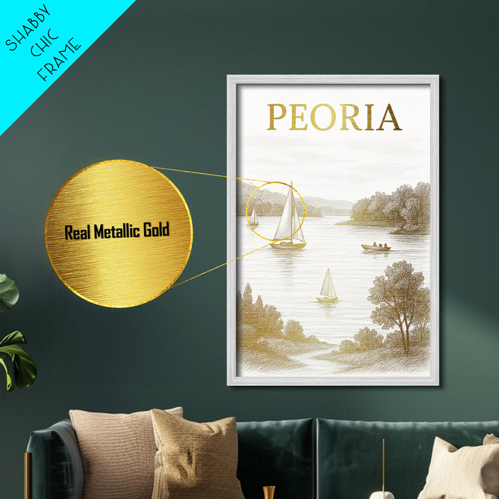 Peoria Illinois travel, Metallic Gold Print, Closing Gift, Metal Art, Wood Framed Art, Anniversary Travel Gift, Retirement Travel Gift