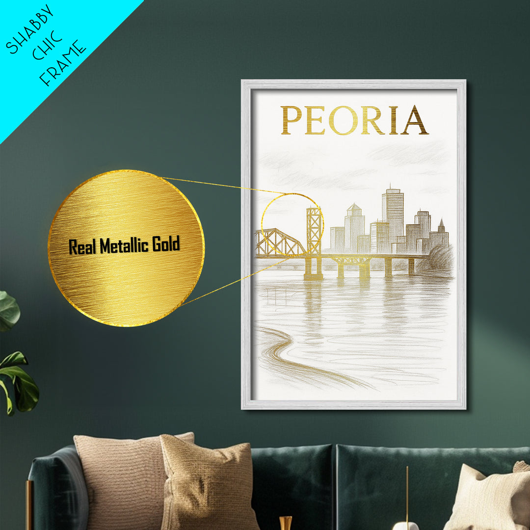Peoria Illinois art, Metallic Gold Art, Office Decor, Metal Art, Wood Framed Art, Graduation Travel Gift, Destination Gift