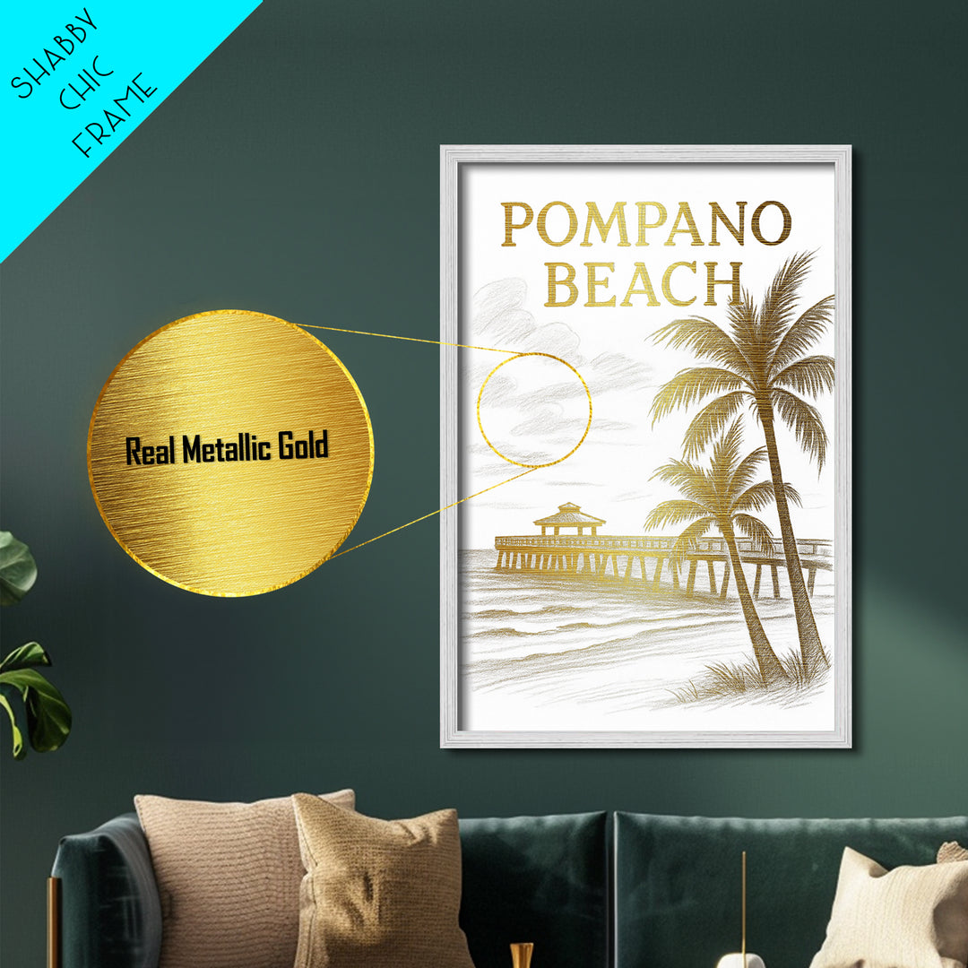 Pompano Beach Florida travel, Metallic Gold Print, Modern House Art, Metal Art, Wood Framed Art, Traveler Gift, Destination Gift