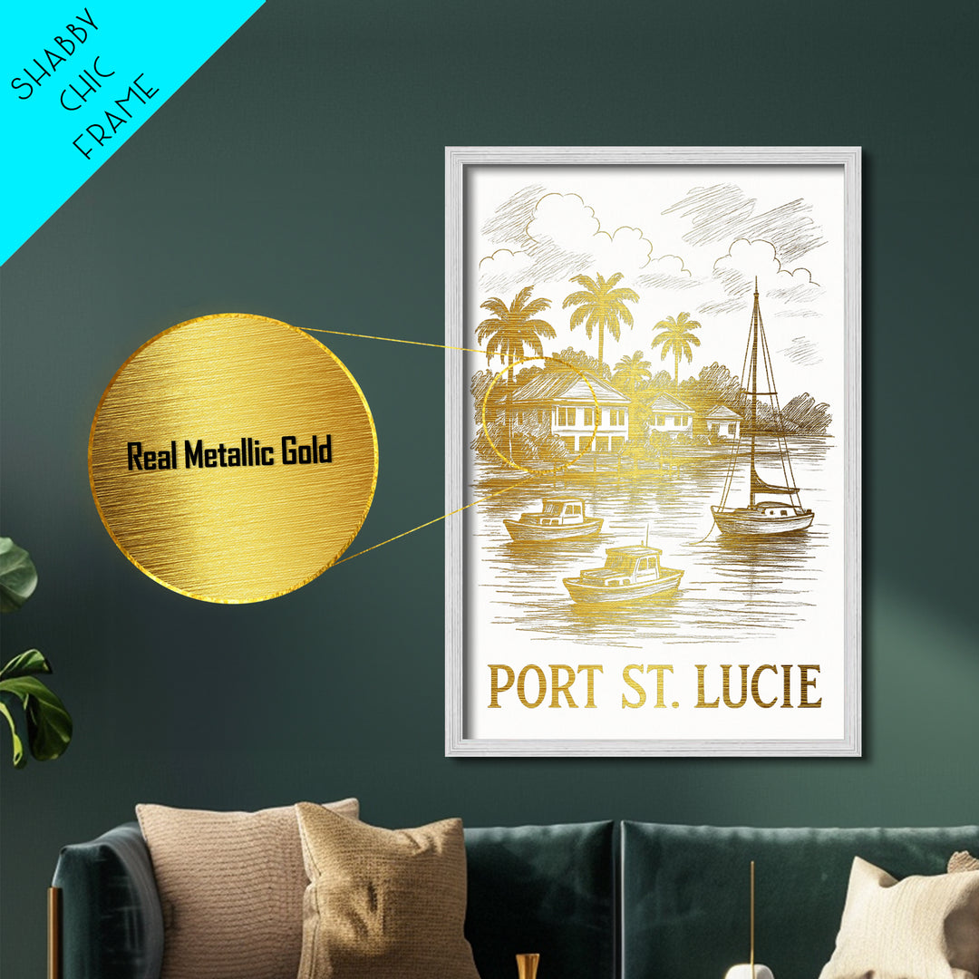 Port St Lucie Florida art, Metallic Gold Art, Housewarming Gift, Metal Art, Wood Framed Art, Newlywed Travel Gift, Honeymoon Gift